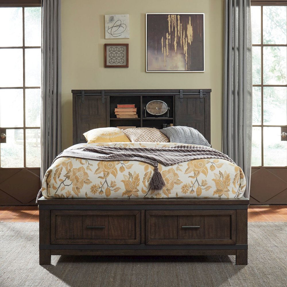 King Bookcase Bed, Dresser & Mirror, Night Stand - Rock Beaten Brown w/ Saw Cuts