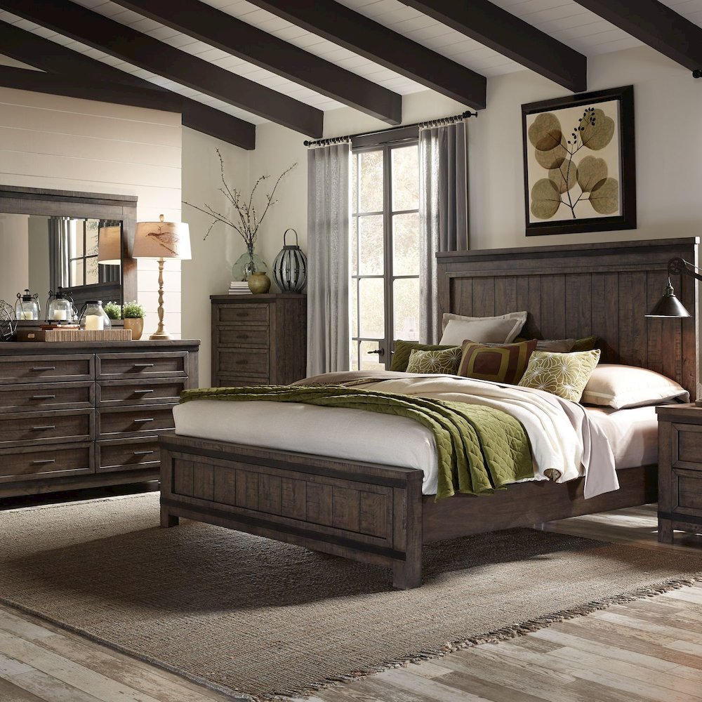 Queen Panel Bed, Dresser & Mirror - Rock Beaten Brown w/ Saw Cuts