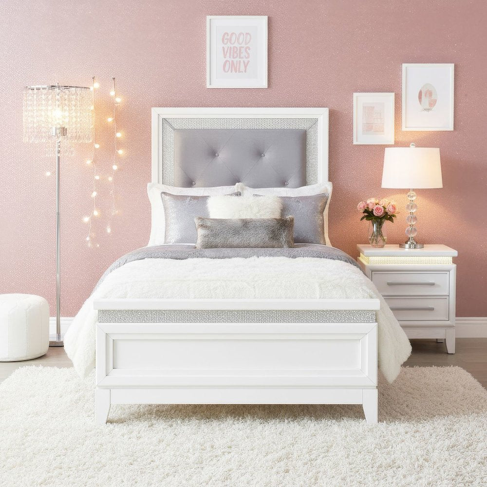 Reflections Full Upholstered Bed - Pearl White & Rhinestone