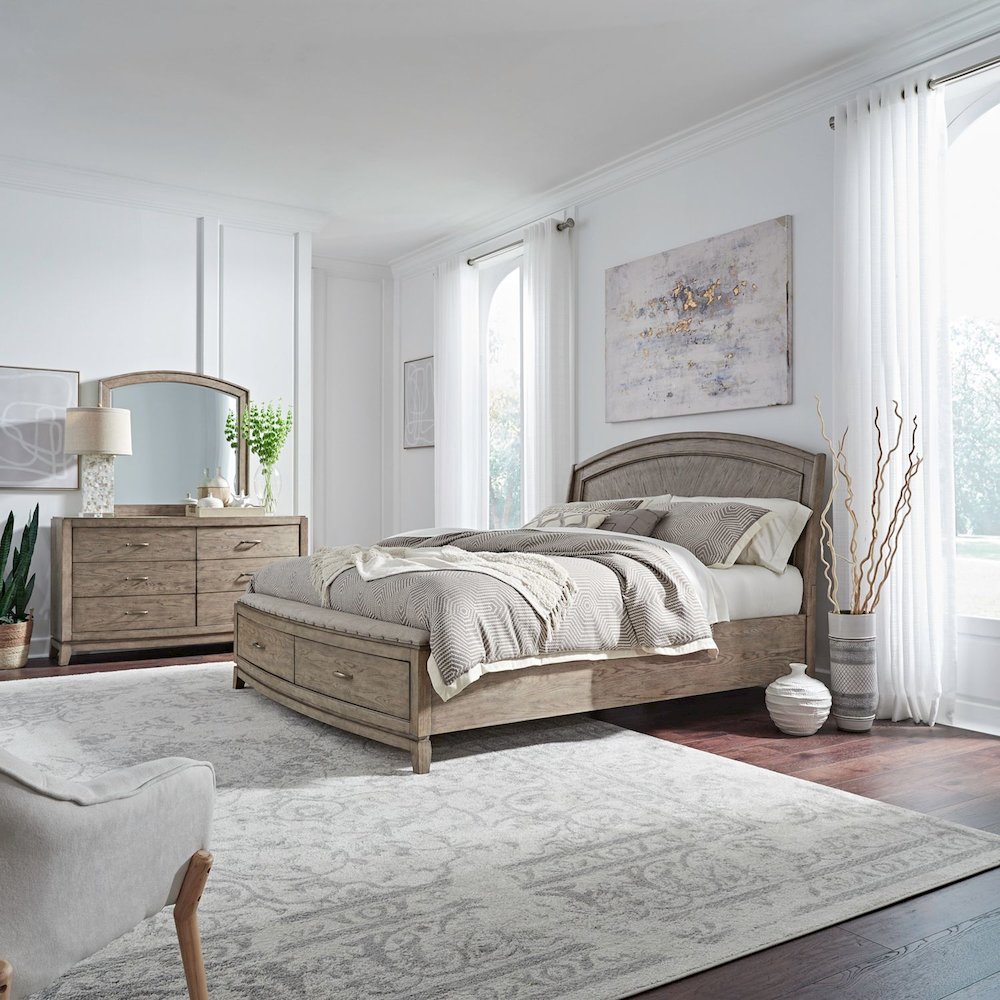 Queen Panel Storage Bed, Dresser & Mirror, Bedroom Sets, Burnished Beige