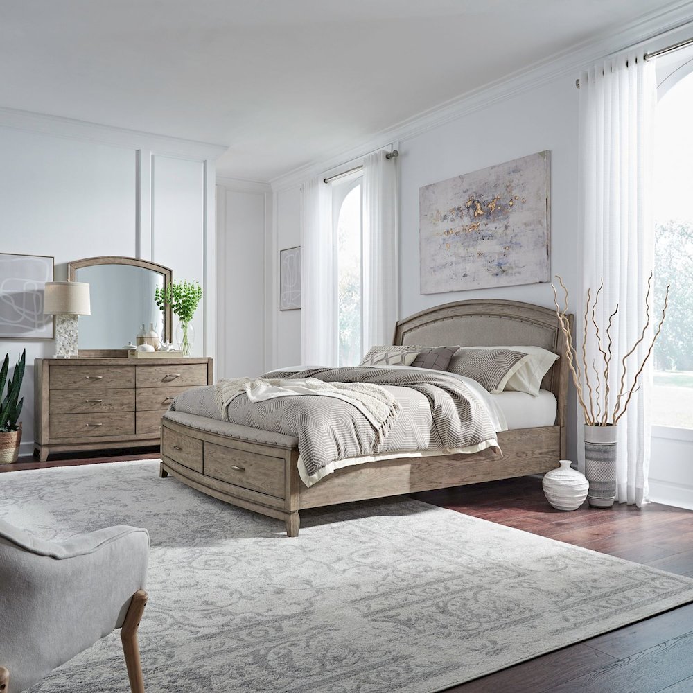 Queen Upholstered Storage Bed, Dresser & Mirror - Bedroom Sets - Burnished Beige