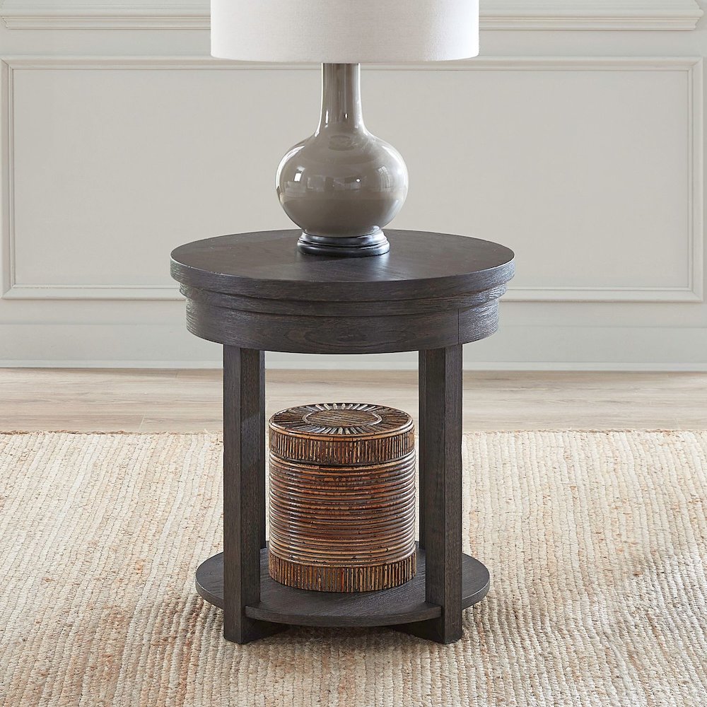 Weston Living Room Round End Table Bottom Storage Shelf - Peppercorn Oak Wood