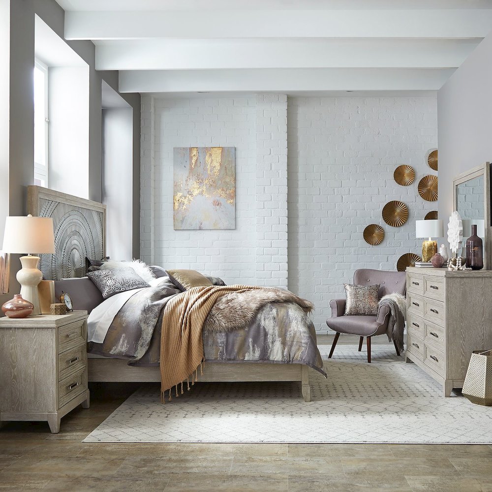 California King Panel Bed, Dresser & Mirror - Washed Taupe & Silver Champagne