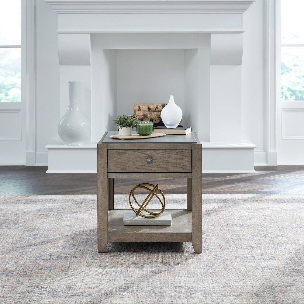 Millstone End Table with Unique Tile Top for Living Room - Nutmeg Oak Wood