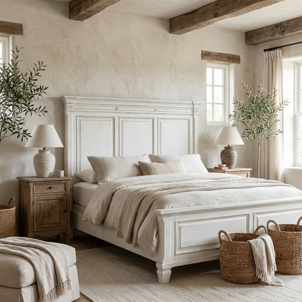 King Panel Headboard Antique White Weathered Brown Solid Wood Traditional Design