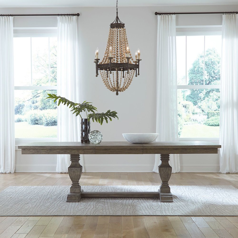 Trestle Table Set in Rubberwood & Poplar Solids w/ Split Heart White Oak Veneers