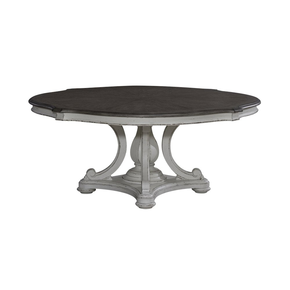 Magnolia Manor Round Pedestal Dining Room Table - Antique White & Weathered Bark