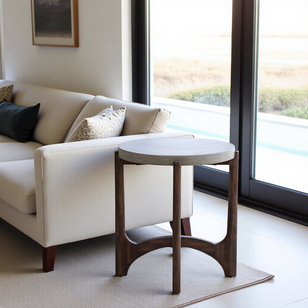 Farmhouse End Table, Brown Eucalyptus & Birch with Concrete Composite Top
