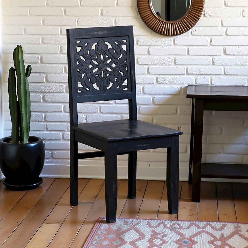 Black Mango Wood Accent Chair – Stylish Small Chair for Bedroom or Desk