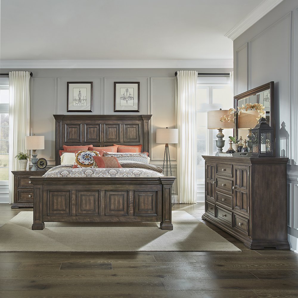 Queen Panel Bed, Dresser & Mirror, Night Stand - Brownstone w/ Heavy Distressing