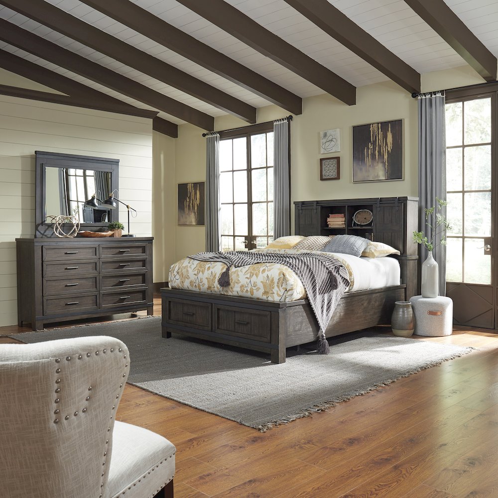 Queen Bookcase Bed, Dresser & Mirror - Rock Beaten Brown w/ Saw Cuts