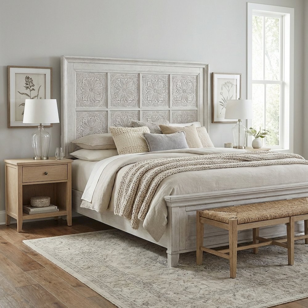 King Headboard Antique White with Tobacco Top Solid Wood Panel Design