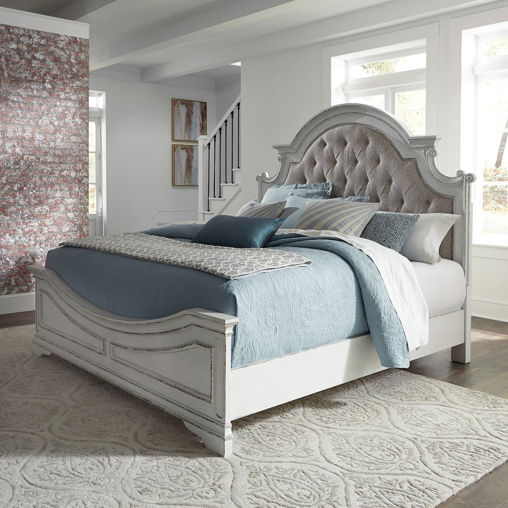 King Upholstered Bed, Dresser & Mirror, Chest, Night Stand - Antique White