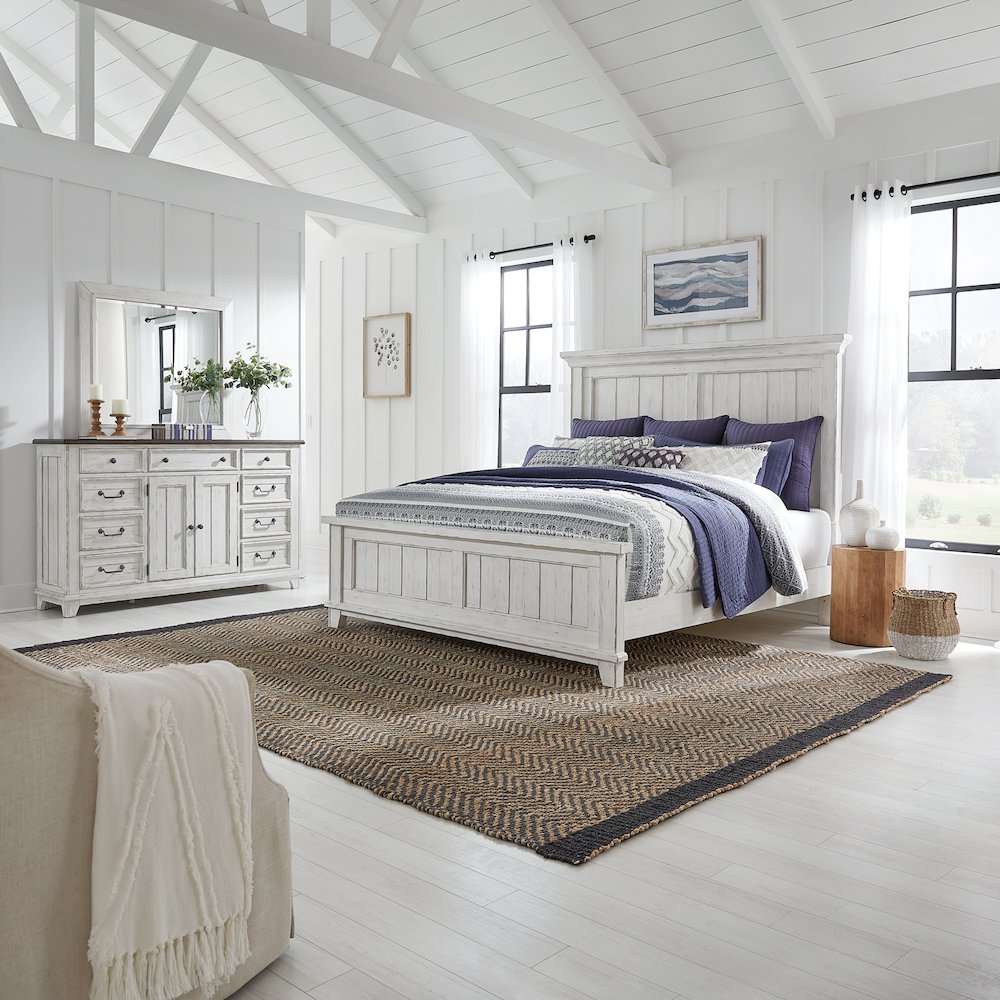 River Place King Panel Bed, Dresser & Mirror - Riverstone White & Tobacco
