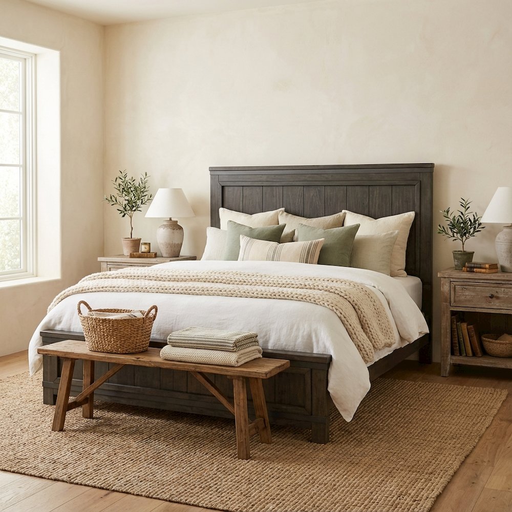 Rustic Rock Beaten Brown Headboard with Saw Cut Details Solid Wood Construction