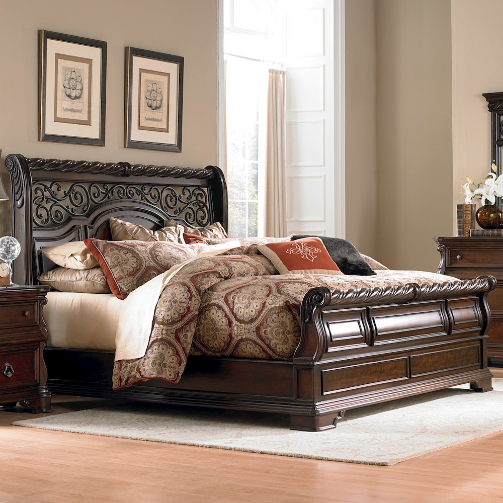 Arbor Place King California Sleigh Bed in Poplar Solids & Birch Veneers & Metal