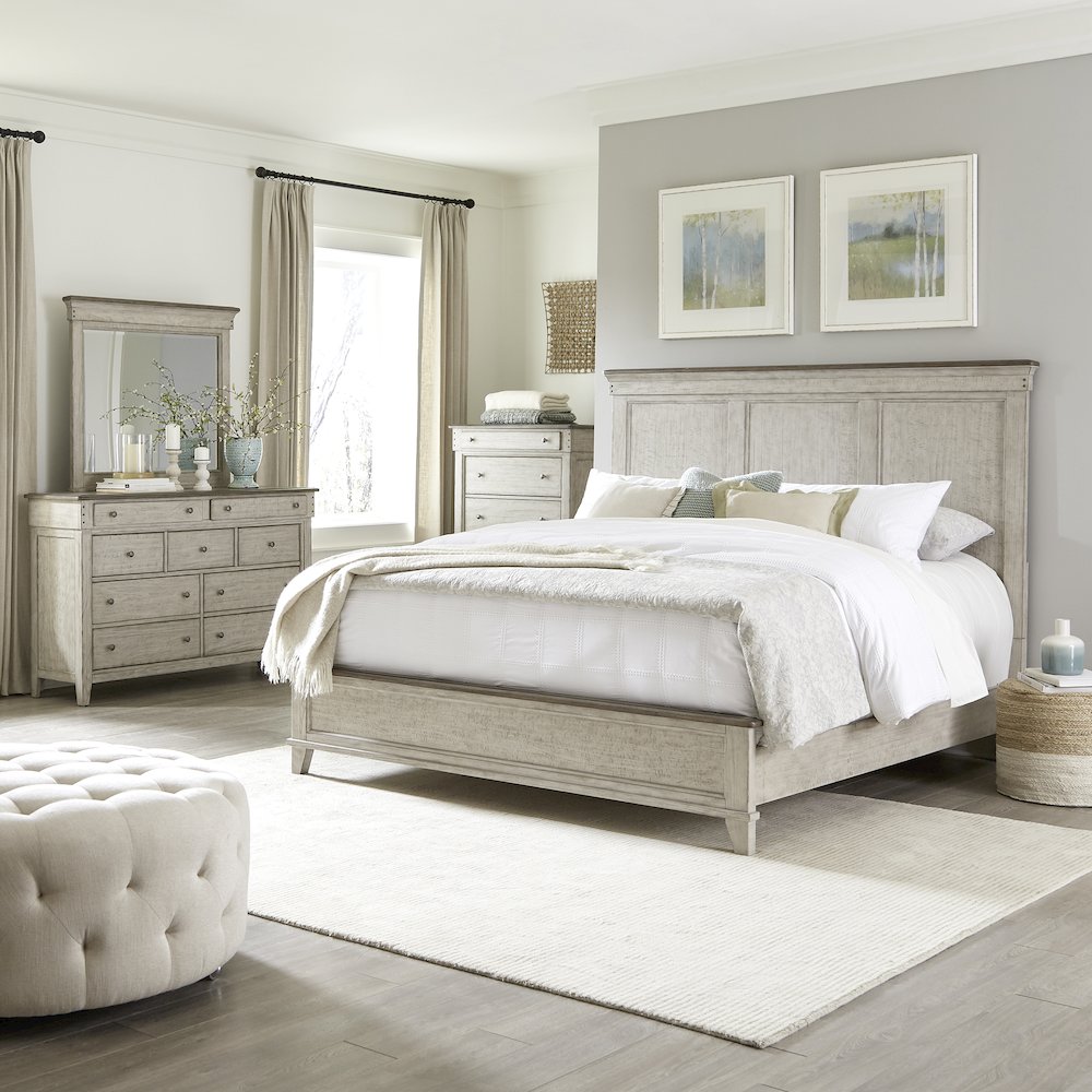 King Panel Bed, Dresser & Mirror, Chest in Poplar Solids w/ Pine & Alder Veneers