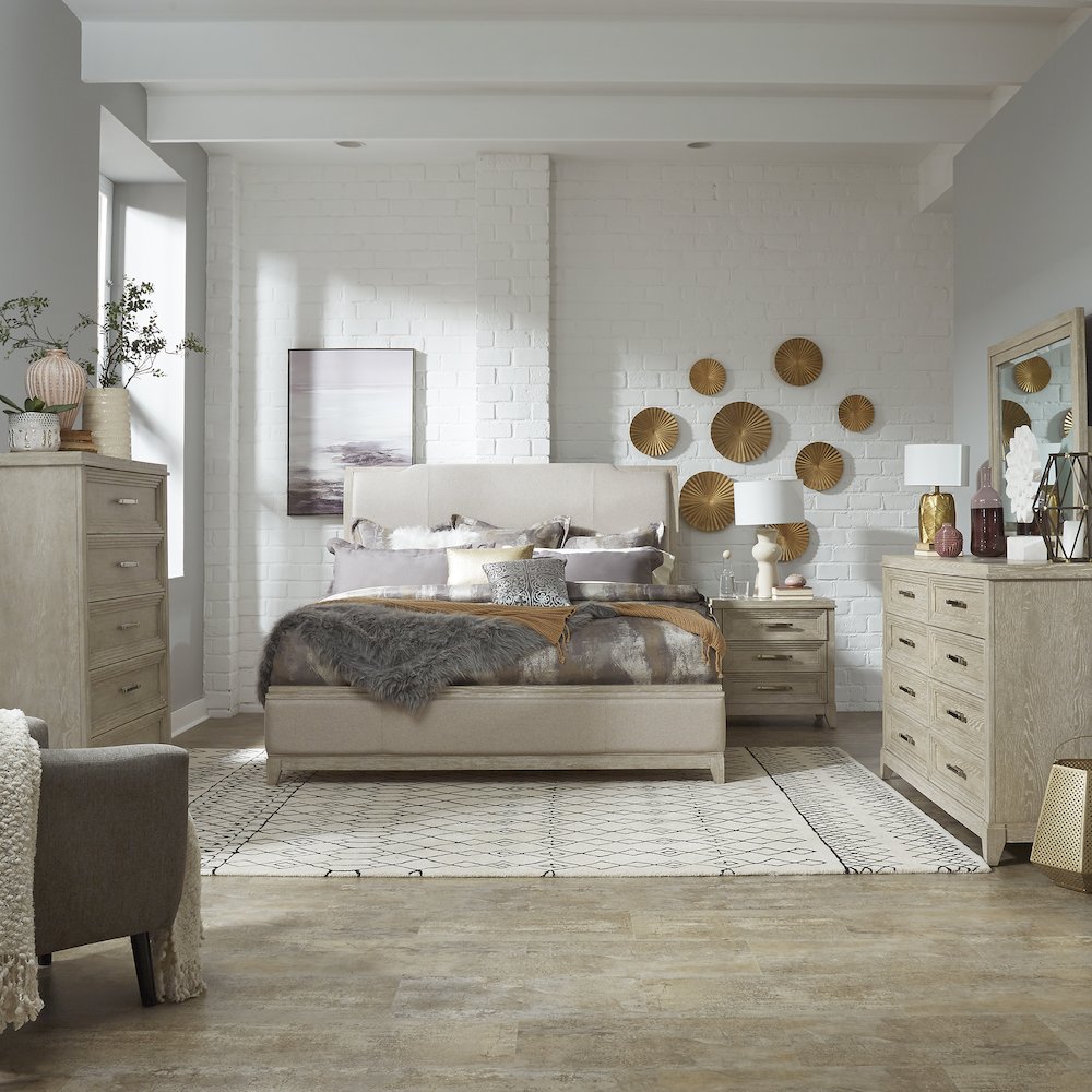 Belmar Queen Uph Bed, Dresser & Mirror, Chest, Night Stand