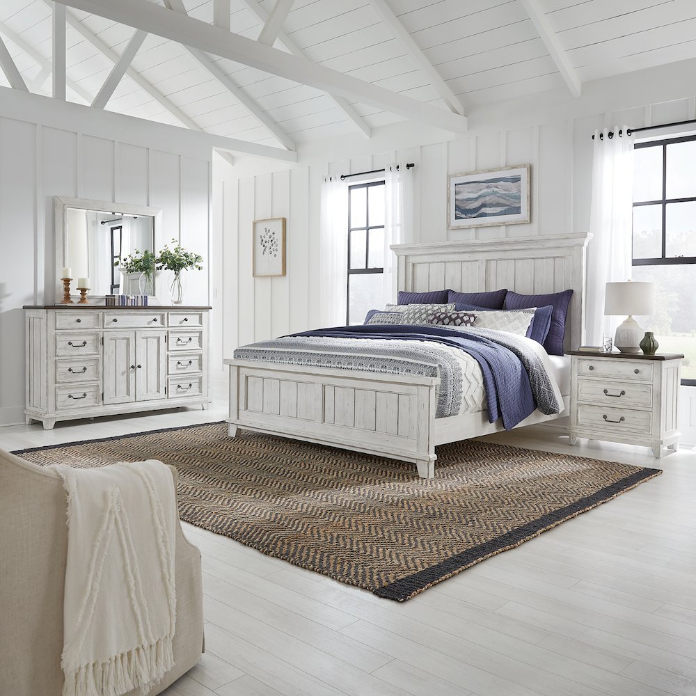 Queen Panel Bed, Dresser & Mirror, Night Stand - Riverstone White & Tobacco
