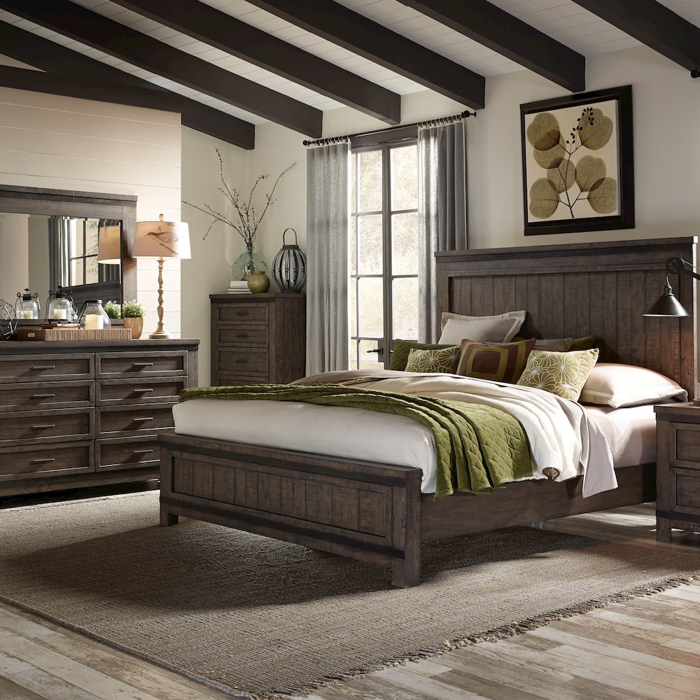 California King Panel Bed, Dresser & Mirror, Chest - Rock Beaten Brown