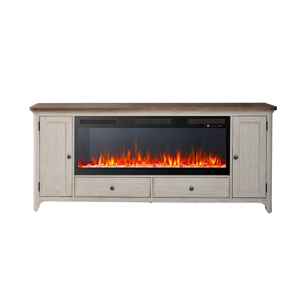 Heated LED Fireplace TV Consoles 80 Inch - Antique White with Chestnut Tops