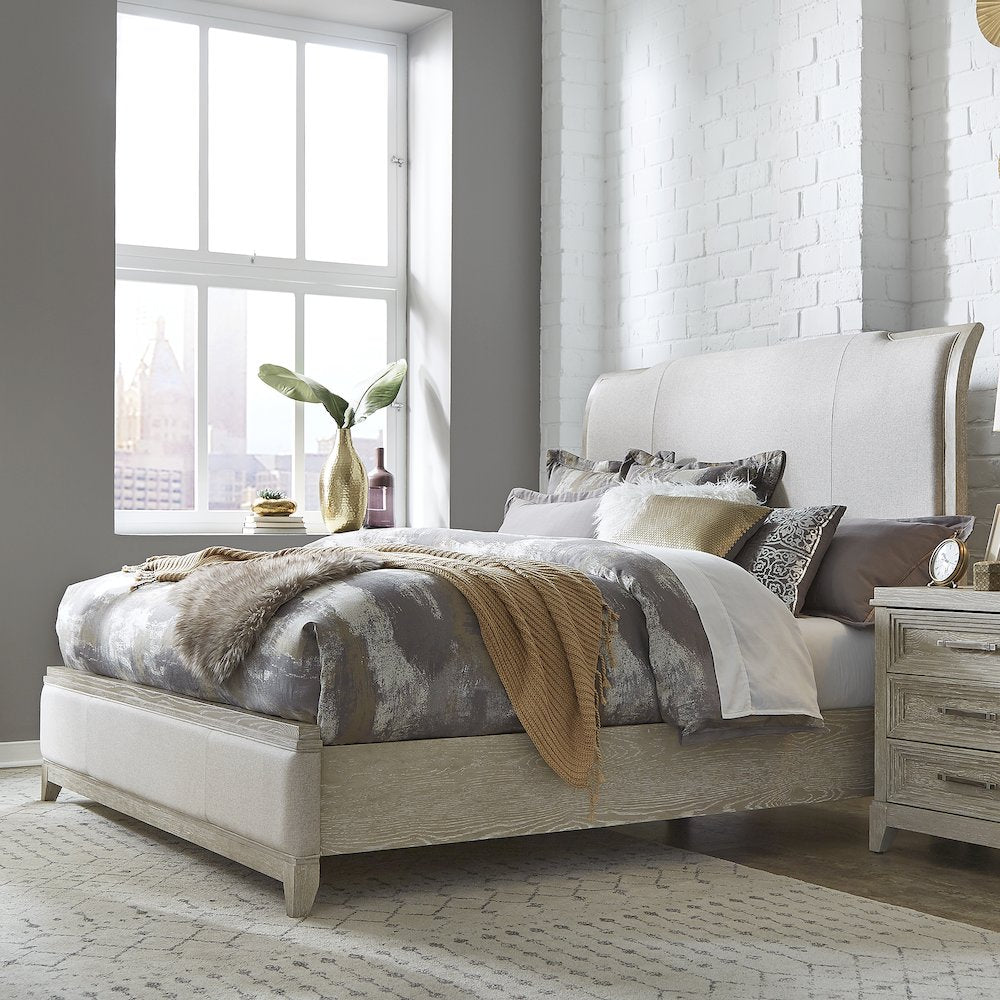 Belmar Queen Upholstered Bed in Rubberwood Solids w/ Split Heart Oak Veneers
