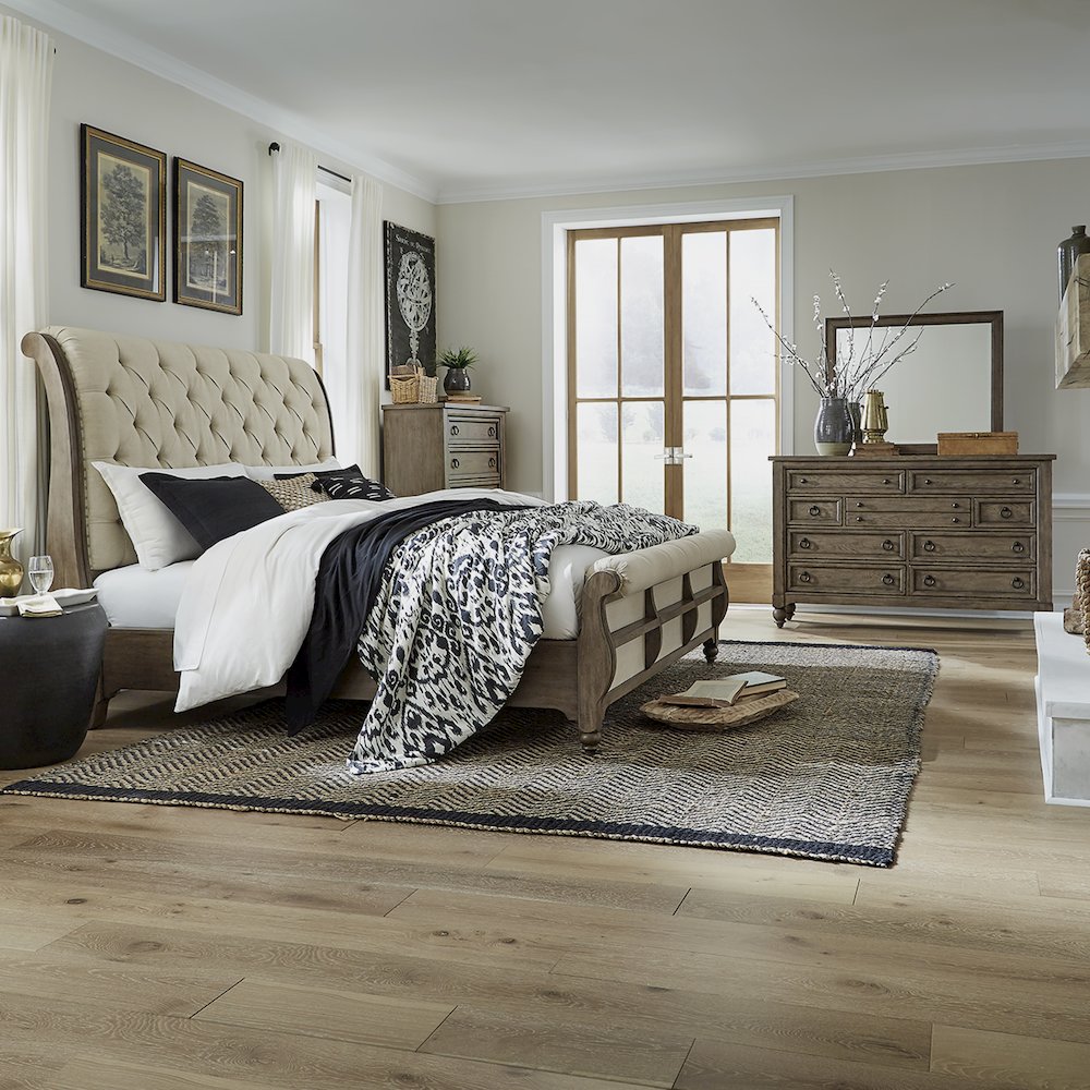 King Sleigh Bed, Dresser & Mirror, Chest in Poplar Solids w/ White Oak Veneers