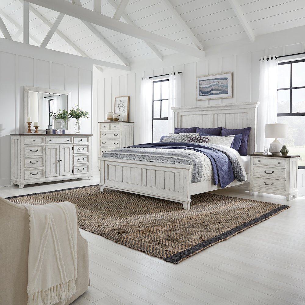King Panel Bed, Dresser & Mirror, Chest, Night Stand - White & Tobacco