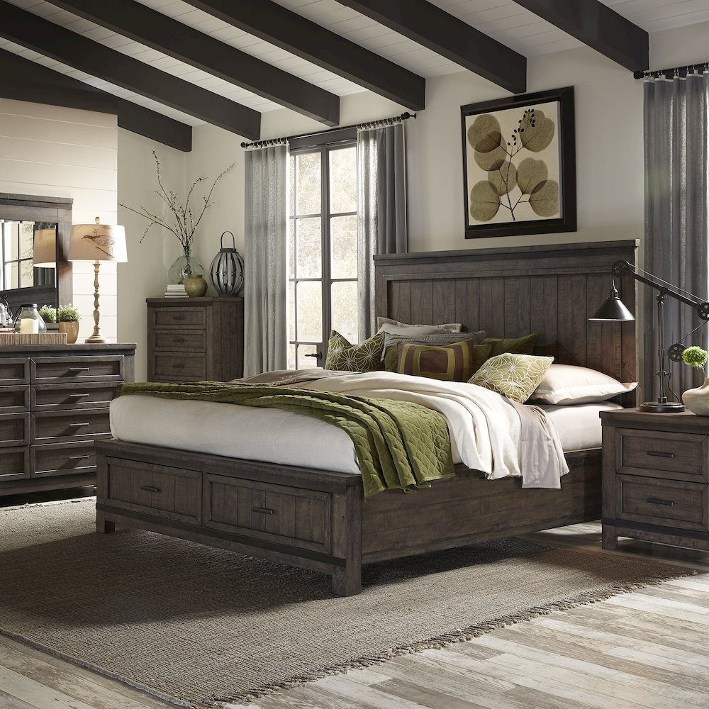 Thornwood Hills Queen Two Sided Storage Bed, Dresser & Mirror, Night Stand
