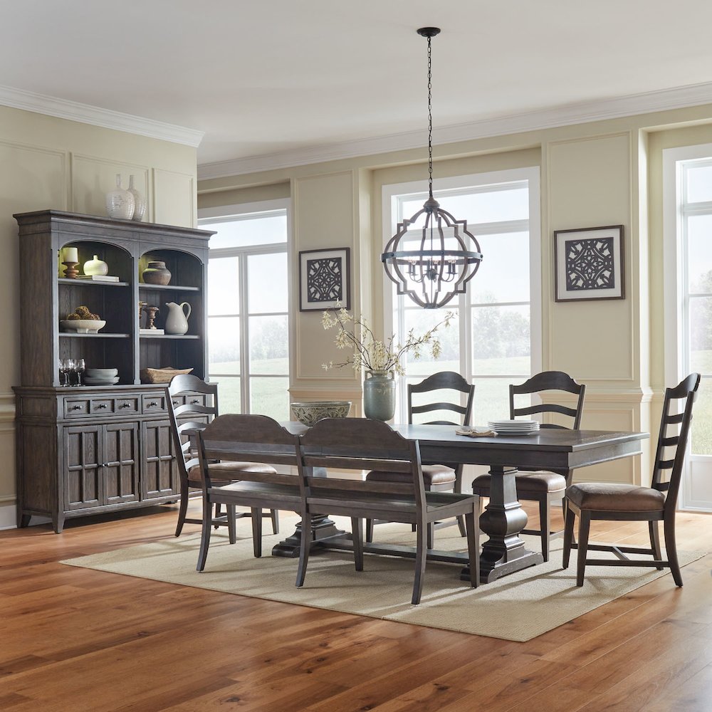 6 Piece Trestle Table Set in Rubberwood Solids & Split Heart White Oak Veneers