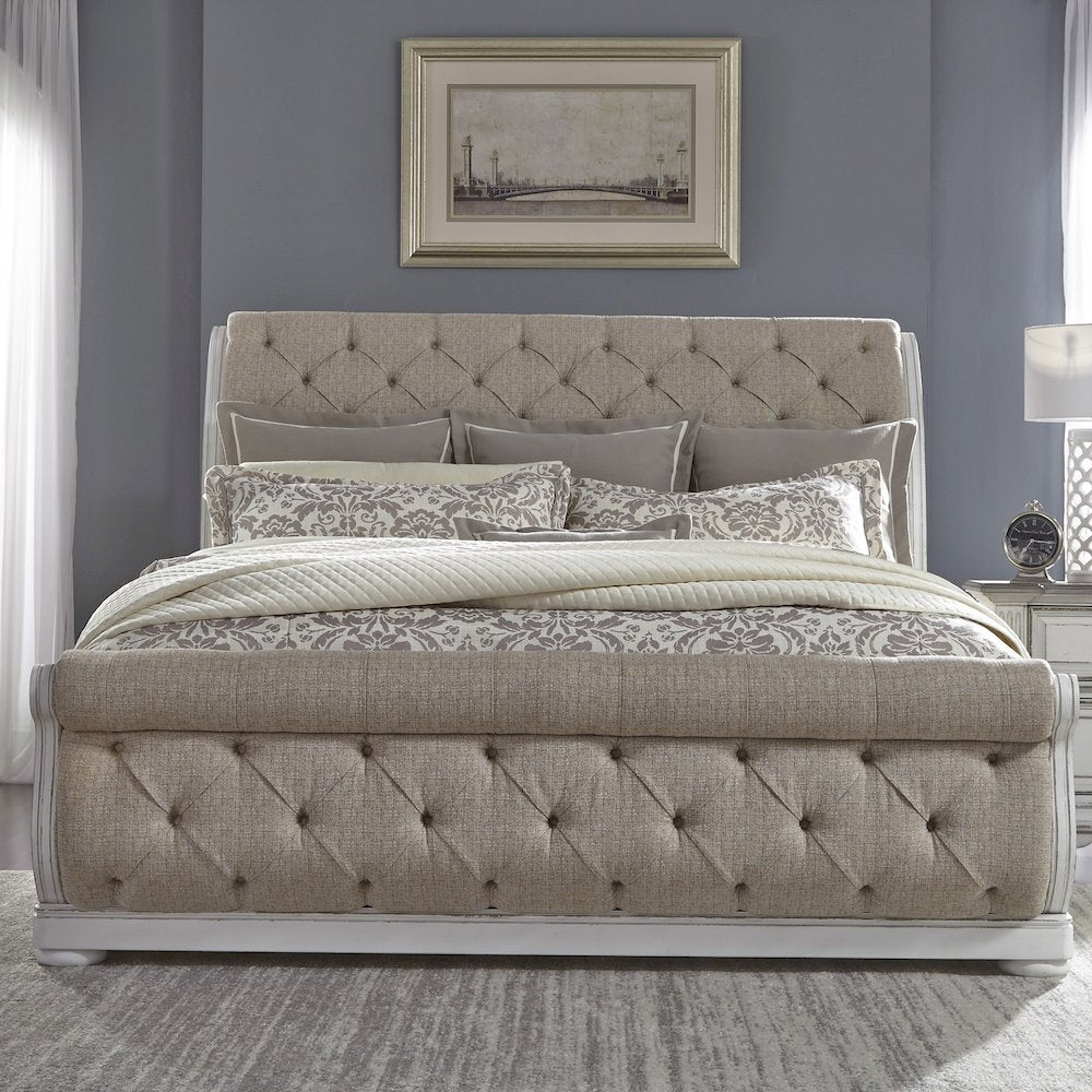 King California Sleigh Bed in Rubberwood Solids w/ White Oak & Birch Veneers