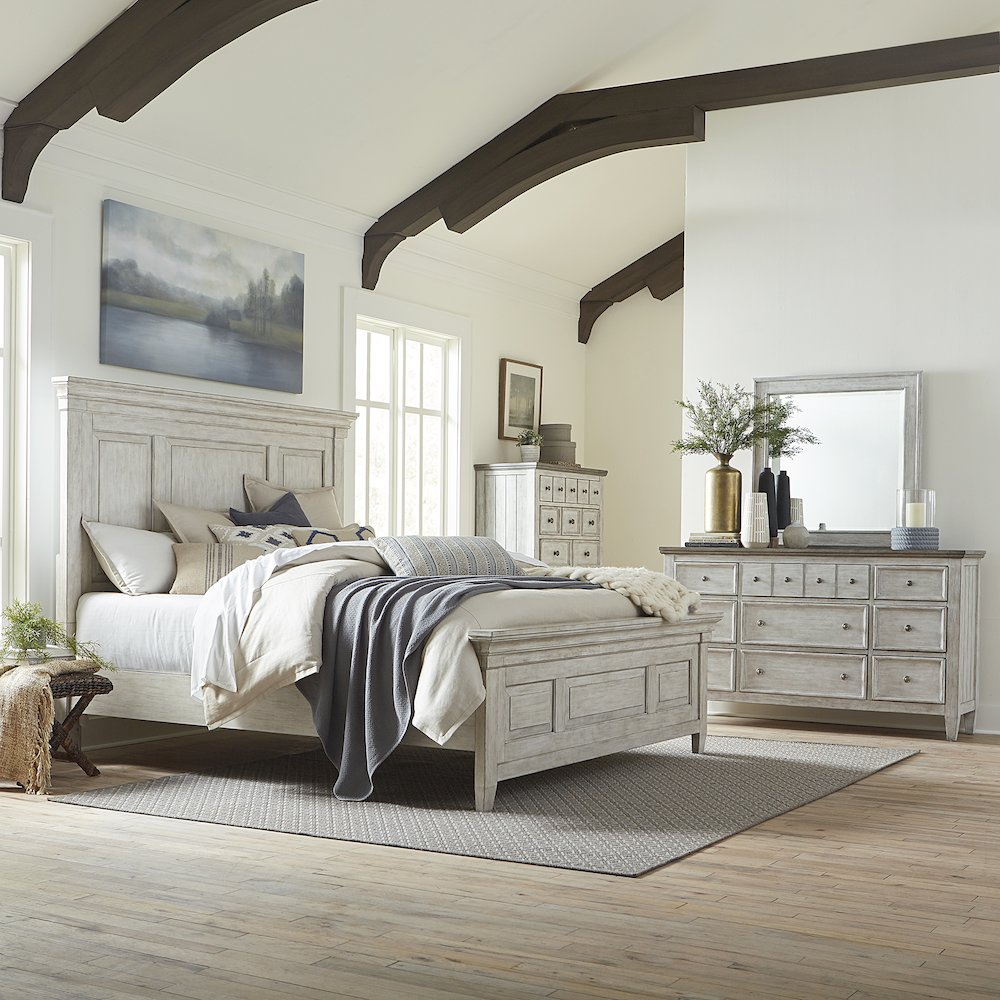 Queen Panel Bed, Dresser & Mirror, Chest - Antique White w/ Tobacco Tops