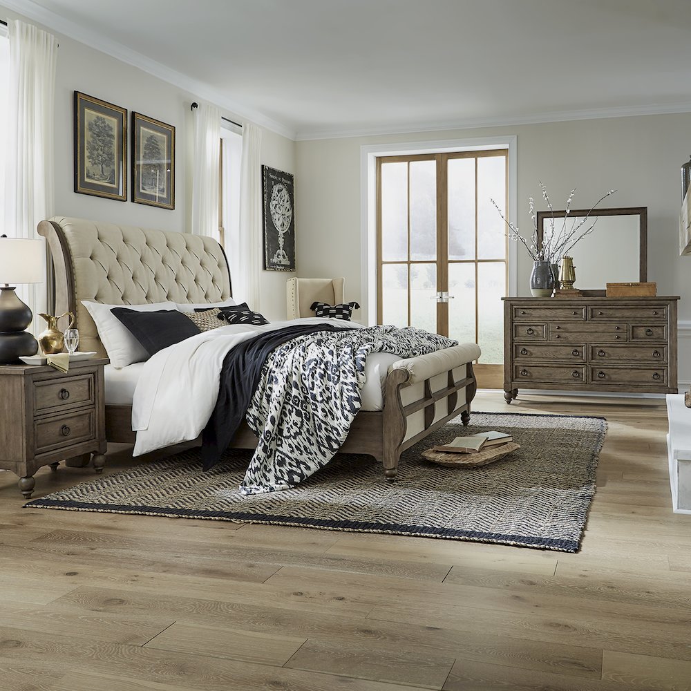 King Sleigh Bed, Dresser & Mirror, N/S in Poplar Solids w/ White Oak Veneers