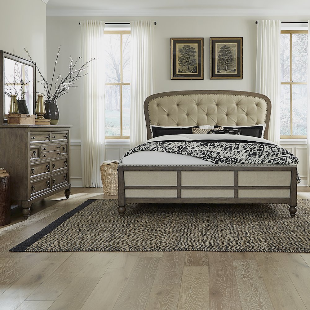 Americana Farmhouse King Shelter Bed, Dresser & Mirror - Dusty Taupe & Black