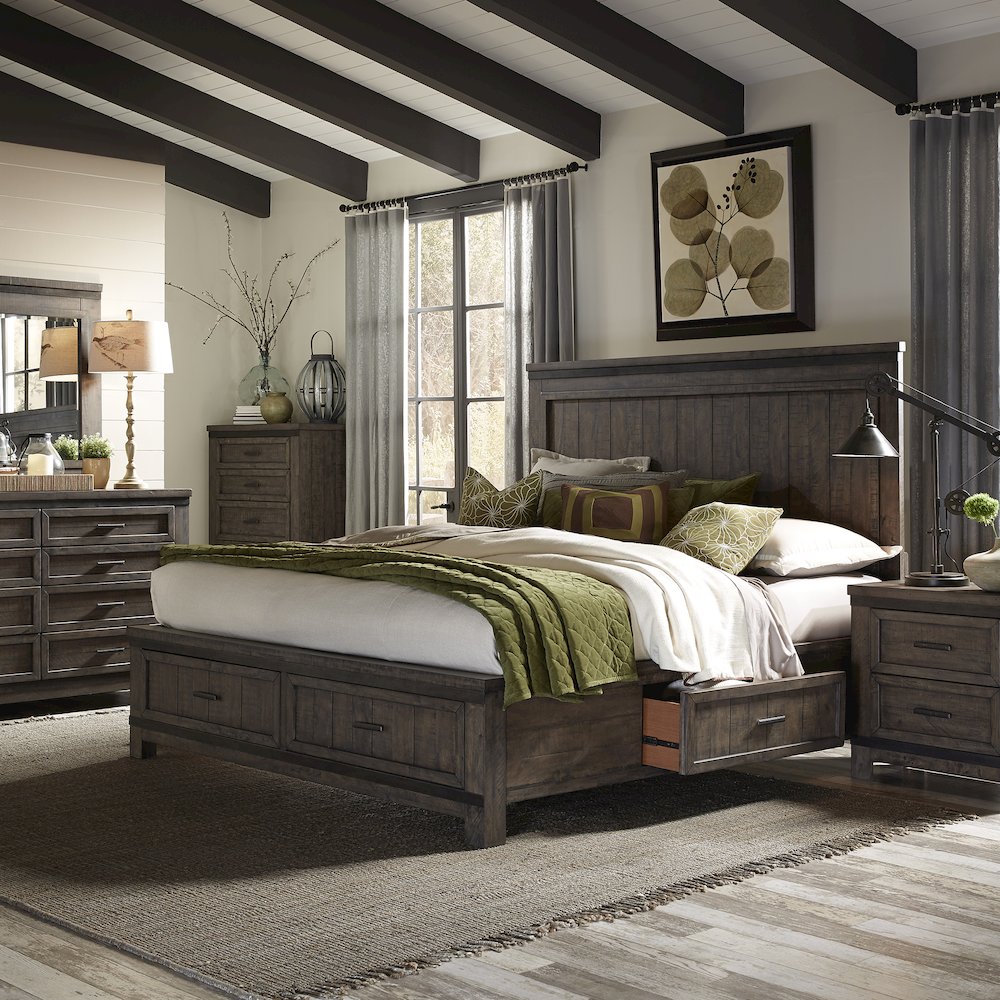 Thornwood Hills King Two Sided Storage Bed, Dresser & Mirror, Chest, Night Stand