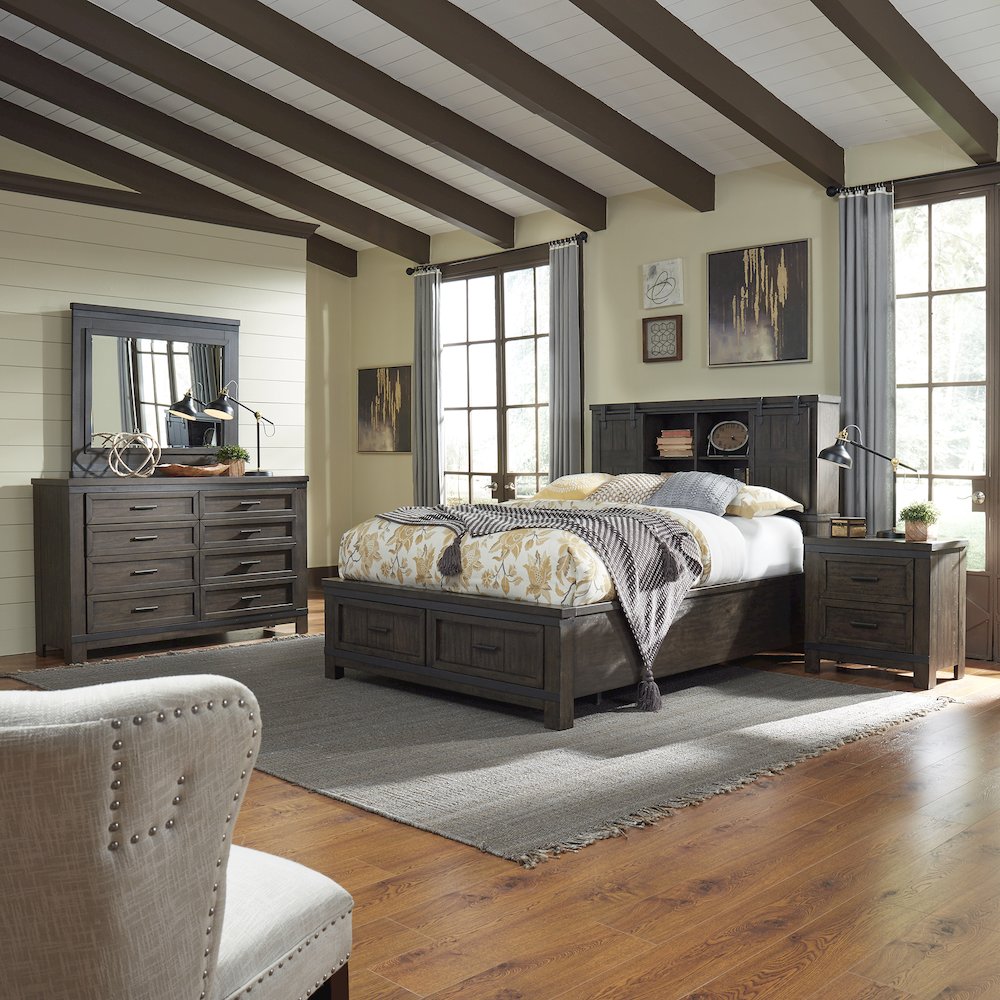 Queen Bookcase Bed, Dresser & Mirror, Night Stand - Rock Beaten Brown