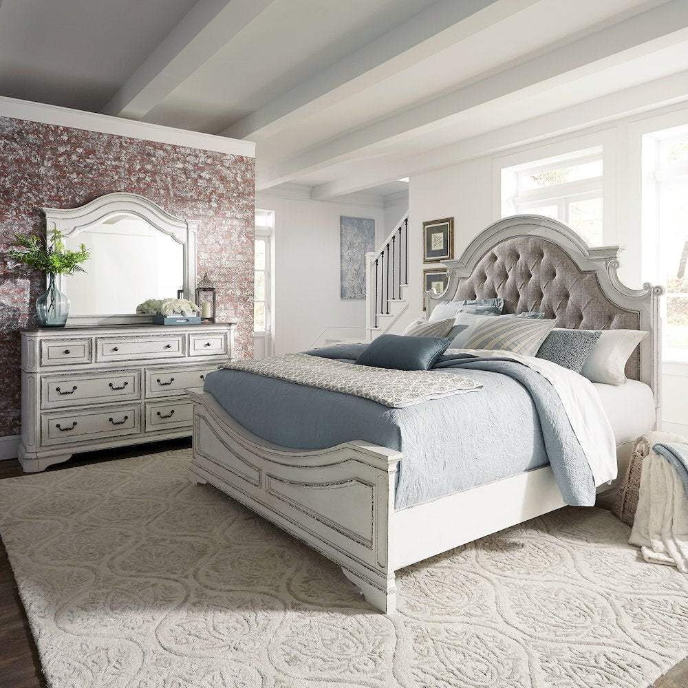 Magnolia Manor King California Upholstered Bed, Dresser & Mirror
