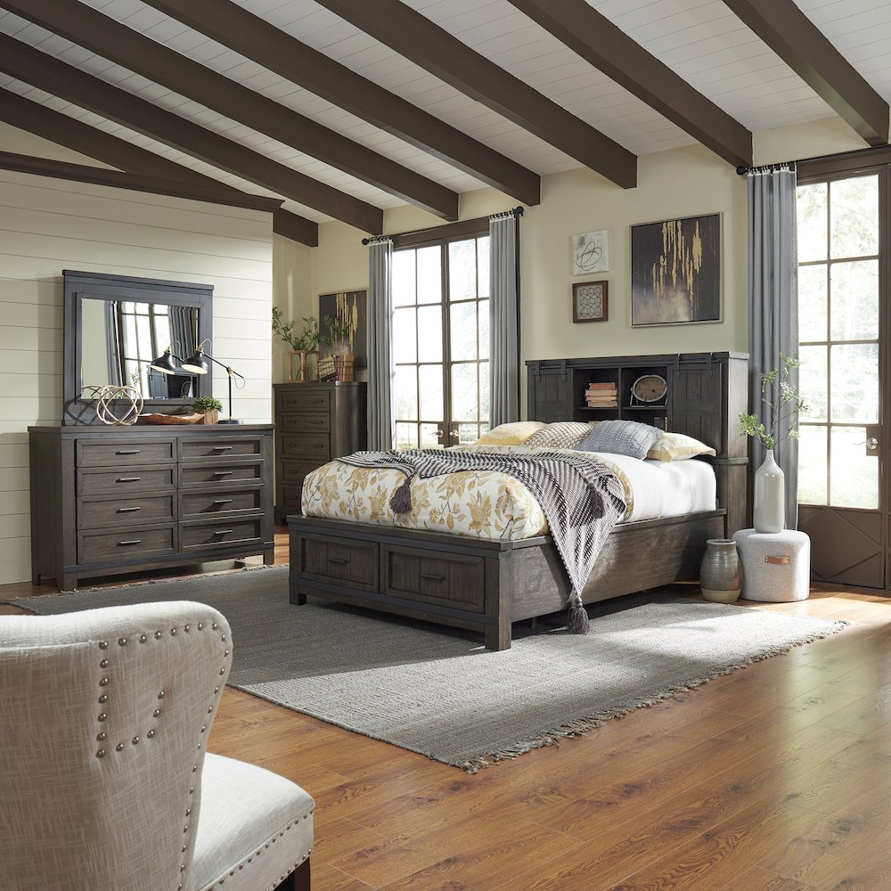 Queen Bookcase Bed, Dresser & Mirror, Chest - Rock Beaten Brown w/ Saw Cuts
