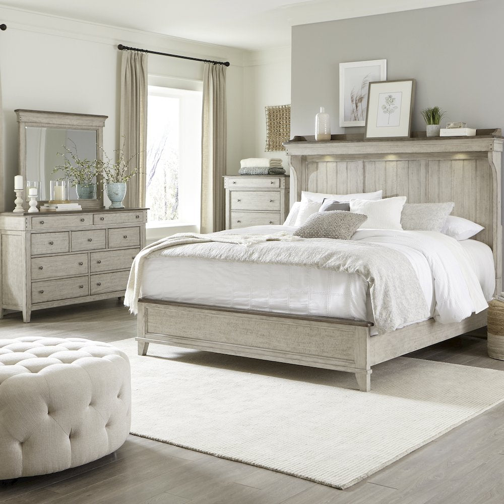 King Mantle Bed, Dresser & Mirror, Chest - Weathered Linen w/ Dusty Taupe Tops