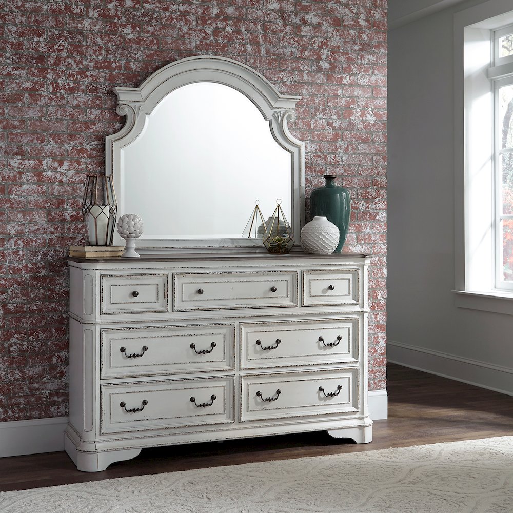 Queen Panel Bed, Dresser & Mirror, Night Stand - Antique White & Weathered Bark