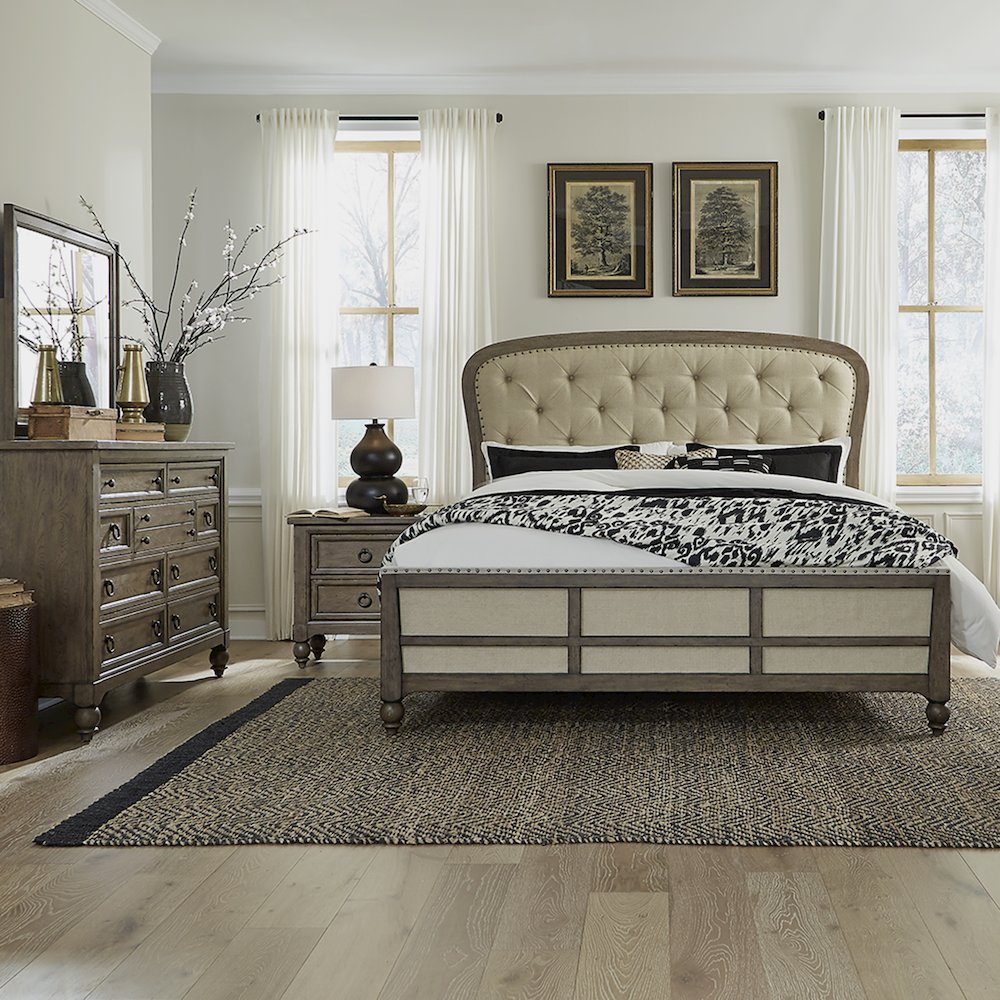 Americana Farmhouse King Shelter Bed, Dresser & Mirror, Night Stand