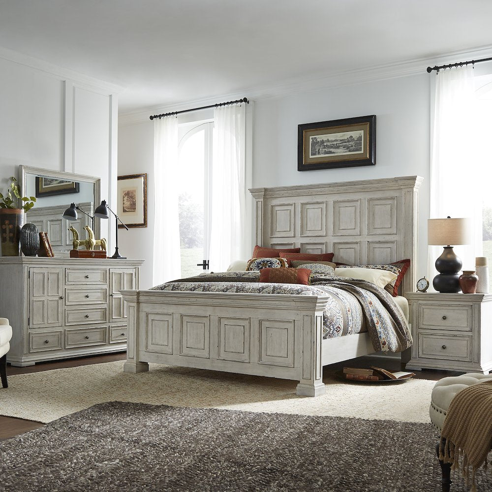 King Panel Bed, Dresser & Mirror, Night Stand