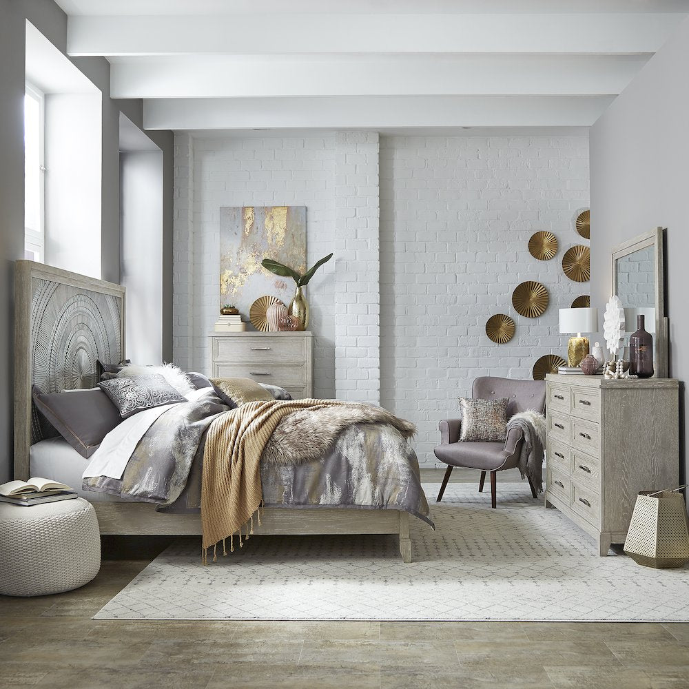 King Panel Bed, Dresser & Mirror, Chest