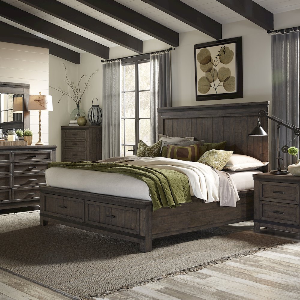 Queen Storage Bed, Dresser & Mirror, Chest, Night Stand - Rock Beaten Brown