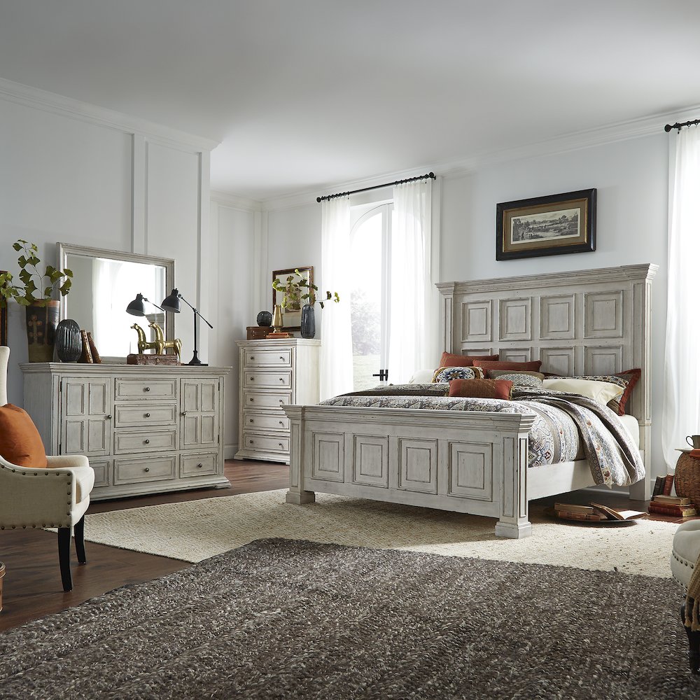 Queen Panel Bed, Dresser & Mirror, Chest in Rubberwood Solids and Wood Products