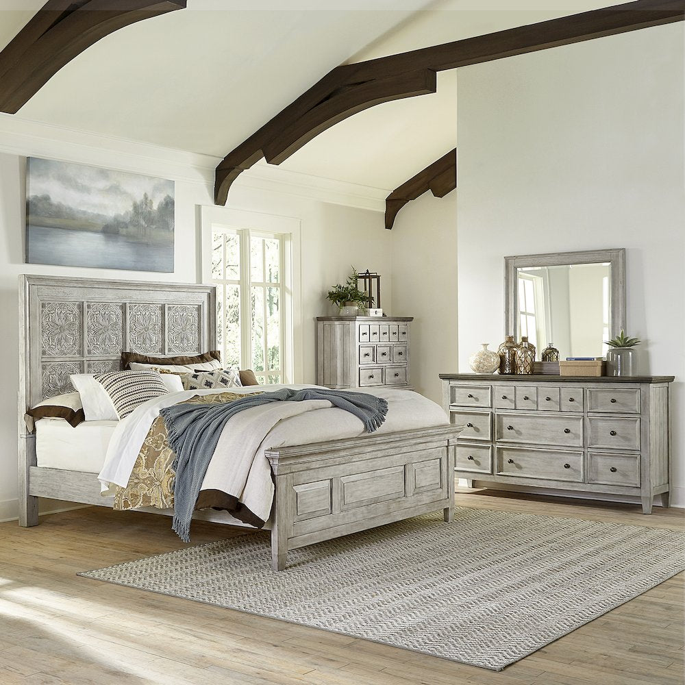 Queen Panel Bed, Dresser & Mirror, Chest - Antique White w/ Tobacco Tops