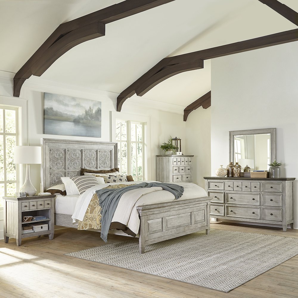 Heartland Queen Panel Bed, Dresser & Mirror, Chest, Night Stand - Antique White
