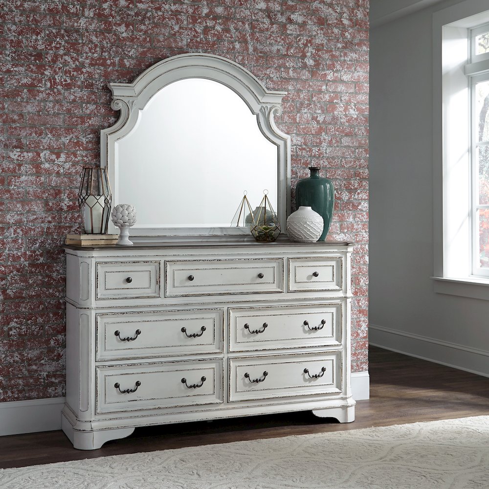 King Panel Bed, Dresser & Mirror, Chest, Night Stand - Antique White