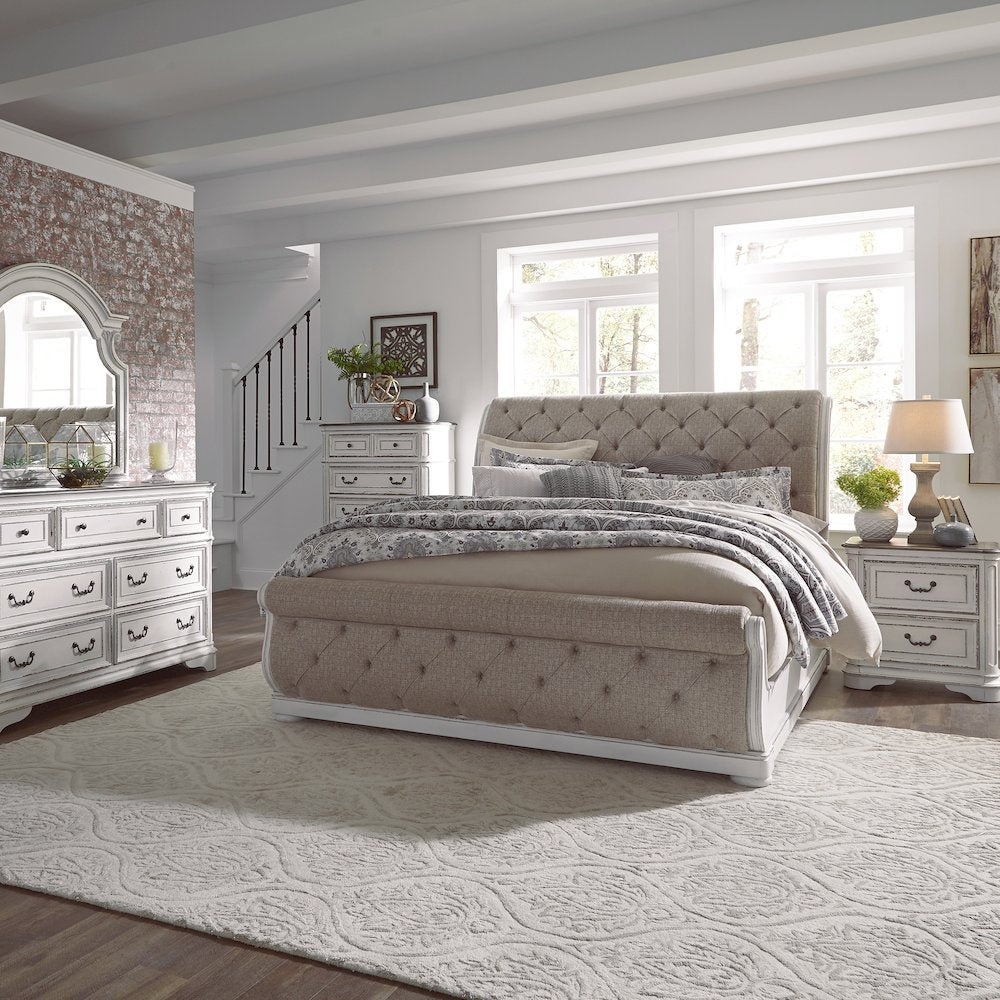 California King Sleigh Bed, Dresser & Mirror, Chest, Night Stand - White