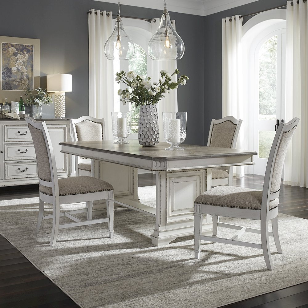 5 Piece Trestle Table Set in Rubberwood Solids w/ White Oak & Birch Veneers